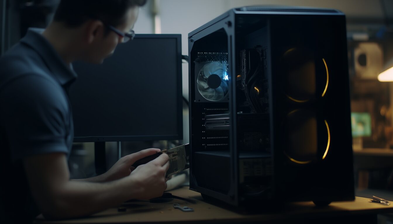 Techniker setzt im geöffneten PC die Grafikkarte neu ein, im Hintergrund ein schwarzer Monitor