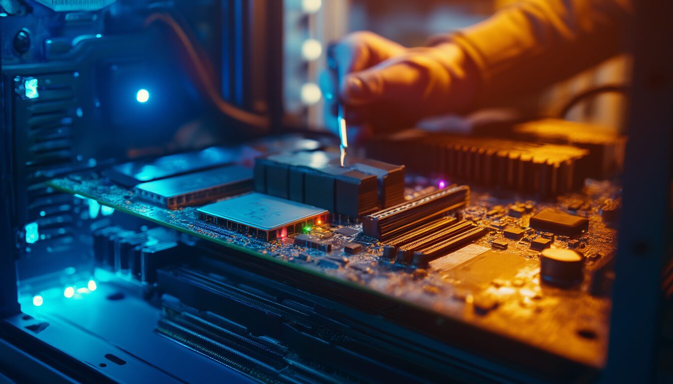 Modernes Mainboard im offenen PC-Gehäuse mit leuchtenden Diagnose-LEDs am Boardrand während der Fehlersuche