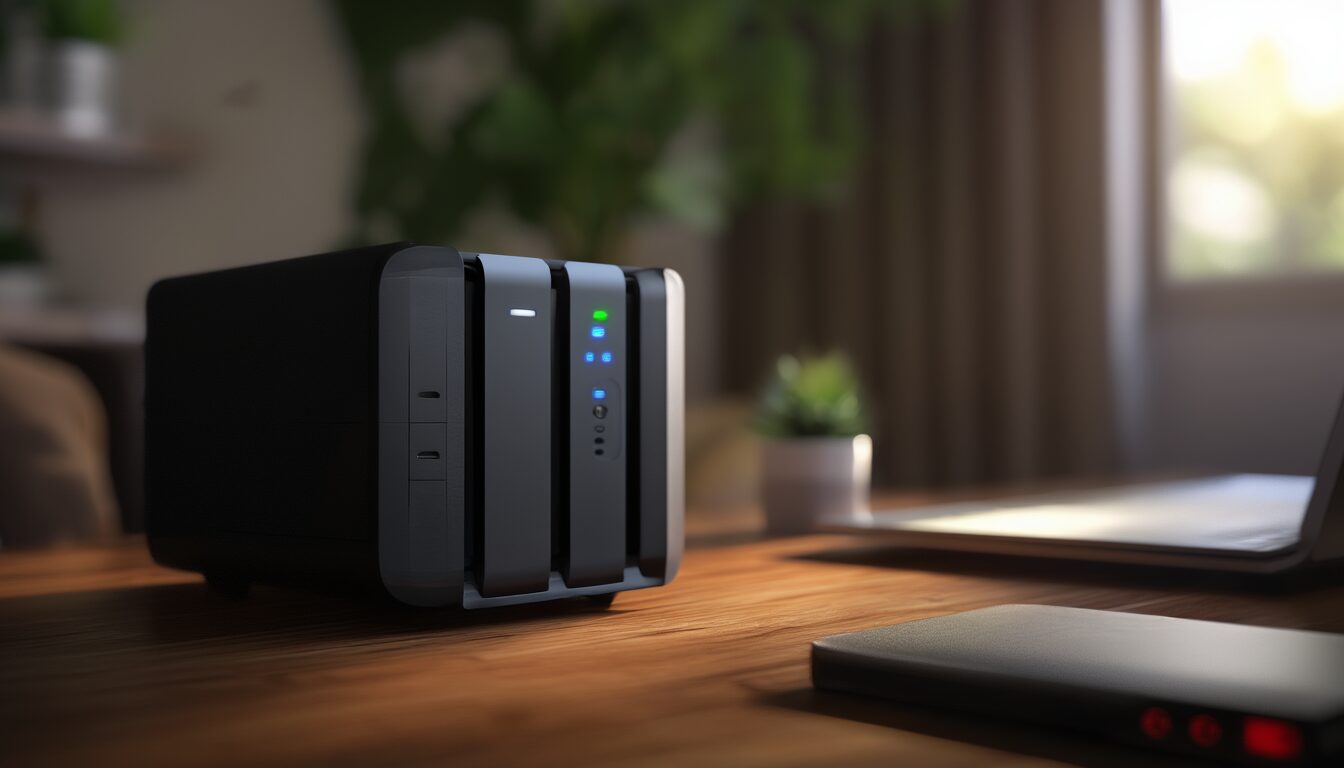 Heim-NAS mit zwei Festplattenschächten auf einem Schreibtisch, daneben eine externe Backup-Festplatte