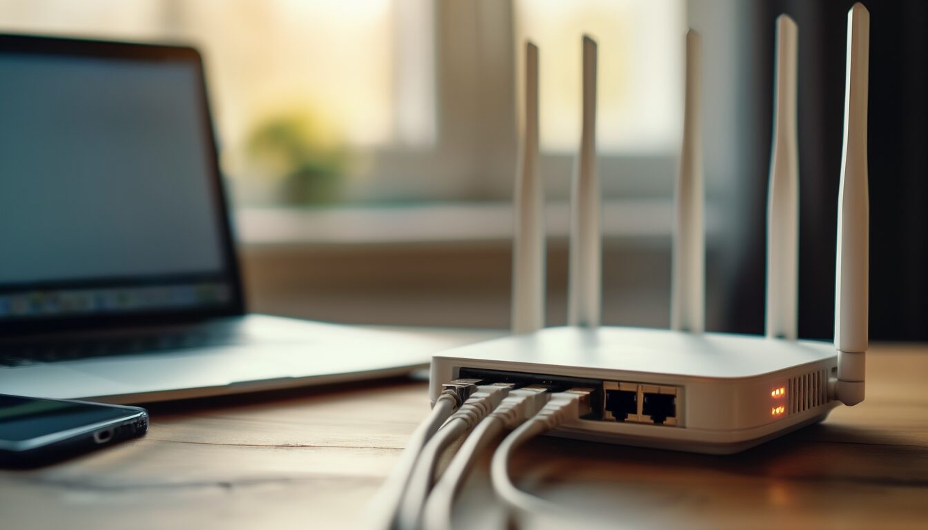 Heim-WLAN-Router mit eingesteckten Netzwerkkabeln, im Hintergrund unscharf ein Laptop und ein Smartphone