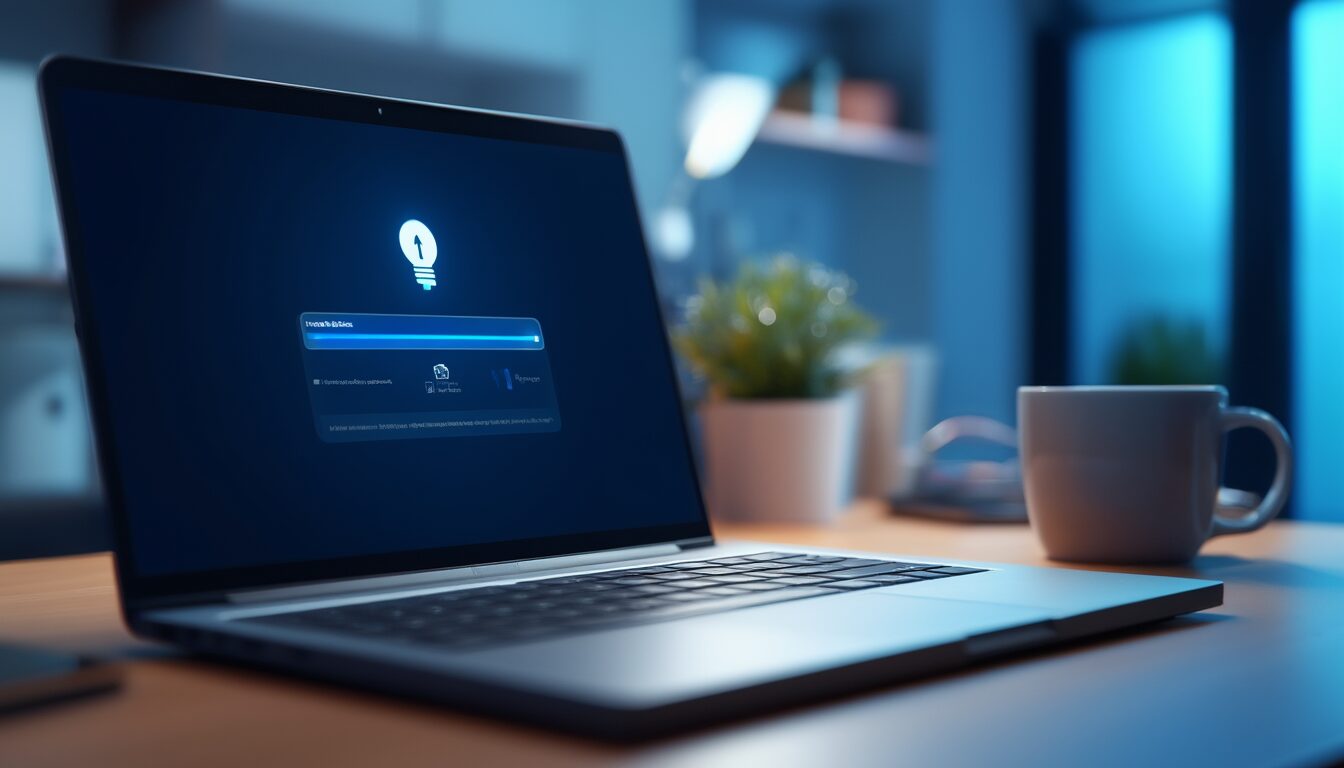 Laptop auf einem Schreibtisch mit laufender Software-Installation auf dem Bildschirm