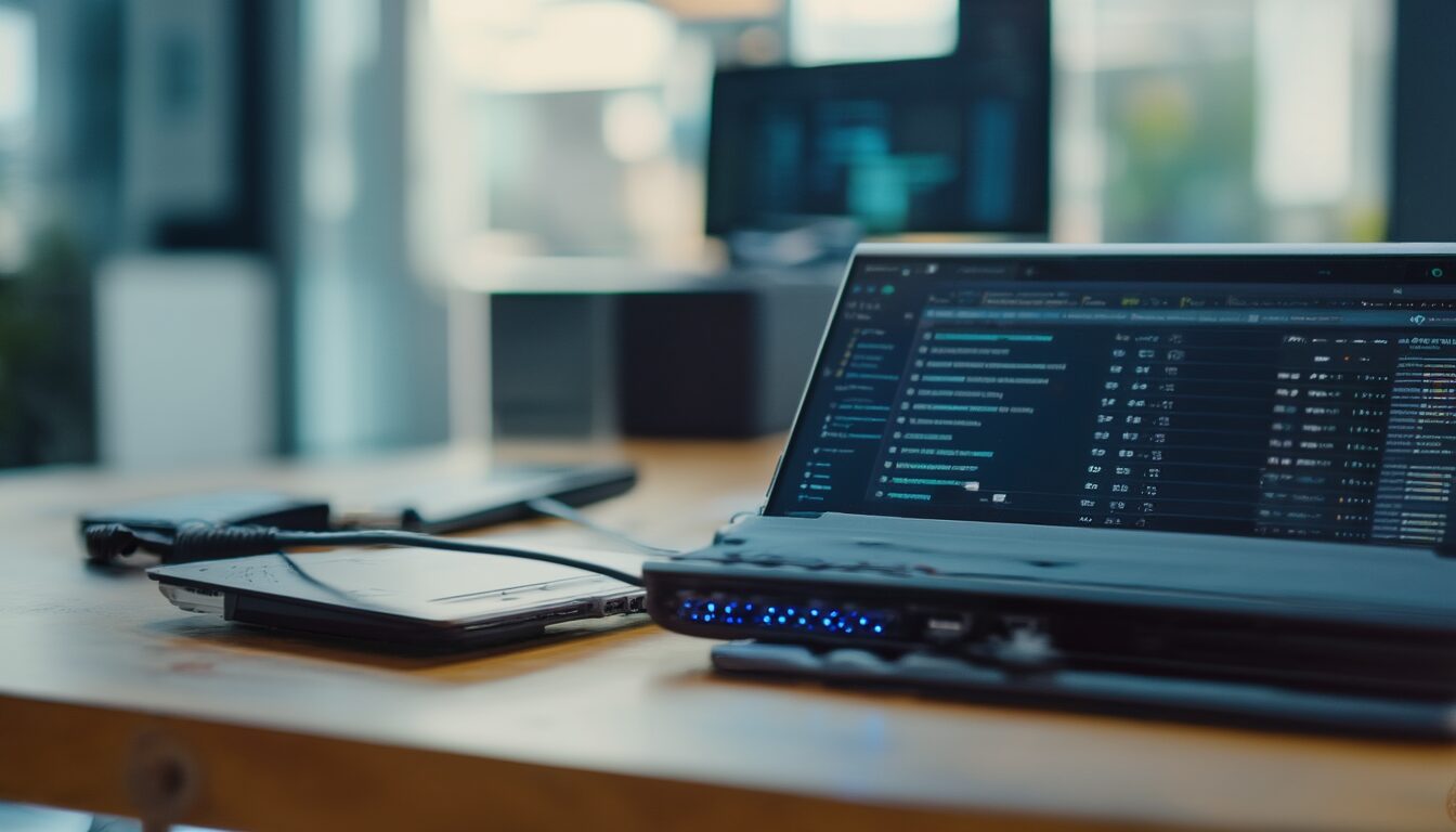 Laptop mit geöffneter Windows-Diensteverwaltung und angeschlossenem Netzwerkkabel auf einem Schreibtisch
