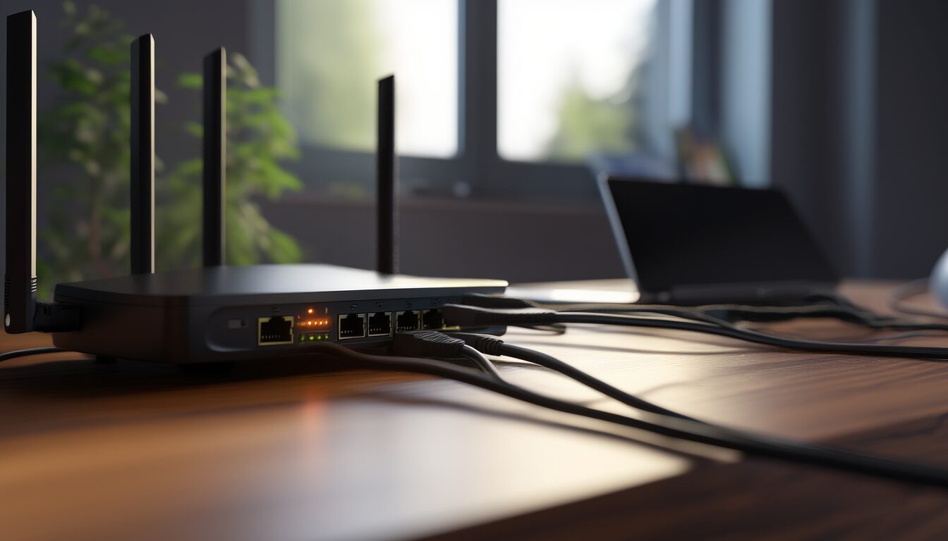 Netzwerk-Router mit Ethernet-Kabeln und Laptop auf einem Schreibtisch – Symbolbild für Netzwerkverwaltung mit NetworkManager unter Linux