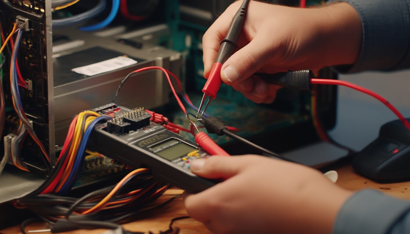 Multimeter misst die Spannung am 24-poligen ATX-Stecker eines PC-Netzteils auf der Werkbank