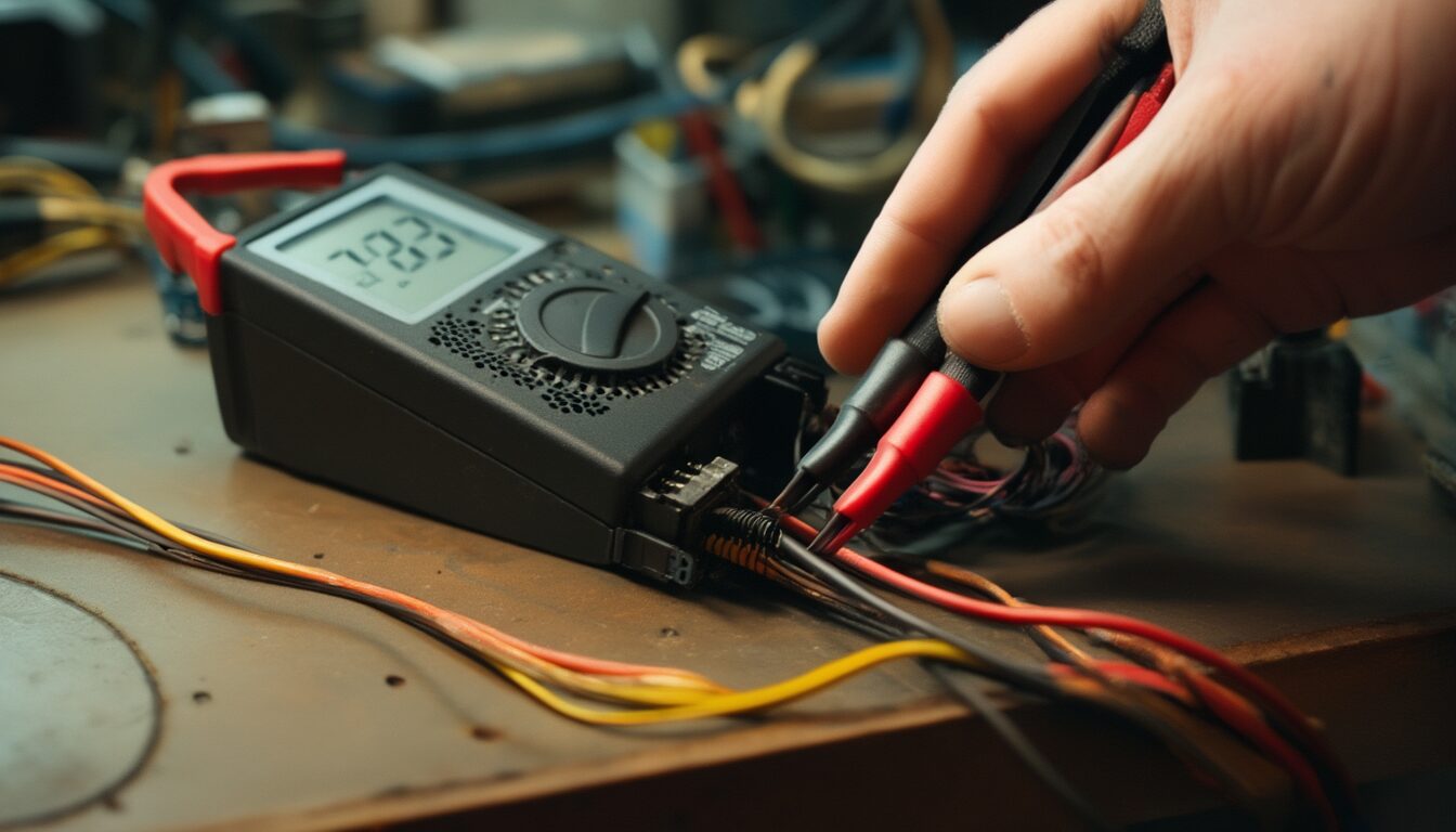 Hand misst mit einem digitalen Multimeter die Spannung am 24-Pin-Stecker eines PC-Netzteils