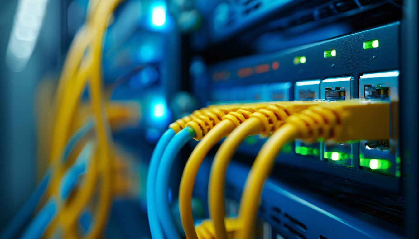 Netzwerk-Switch im Serverschrank mit eingesteckten Ethernet-Kabeln und leuchtenden Status-LEDs