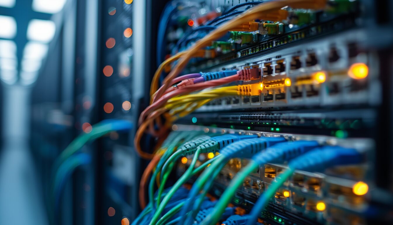 Zentraler Netzwerk-Switch im Serverschrank mit sternförmig angeordneten Ethernet-Patchkabeln