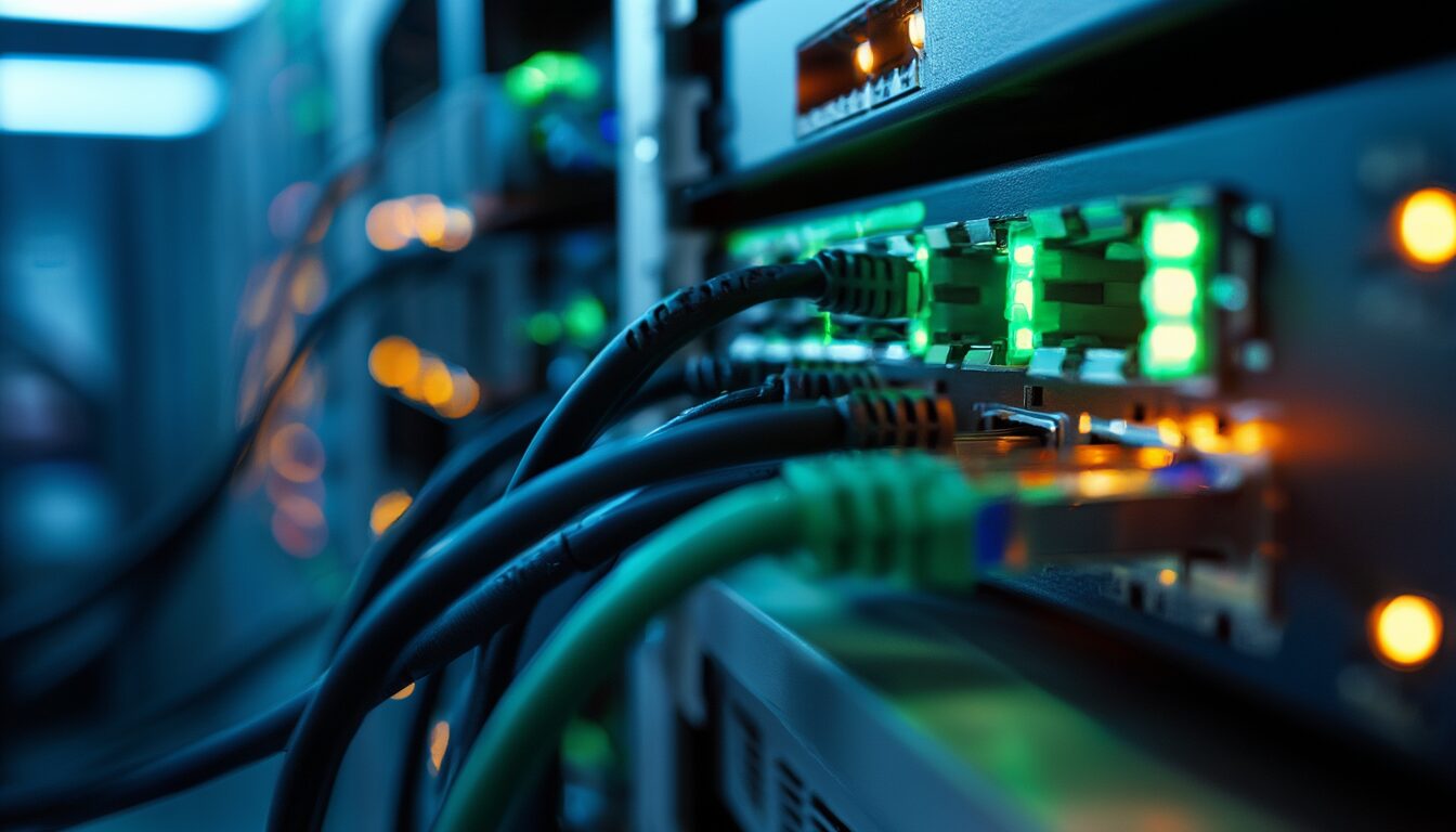 Netzwerküberlastung vermeiden: Ursachen finden und Last verteilen 4 Netzwerk-Switch mit eingesteckten LAN-Kabeln und leuchtenden Port-LEDs in einem kleinen Serverraum