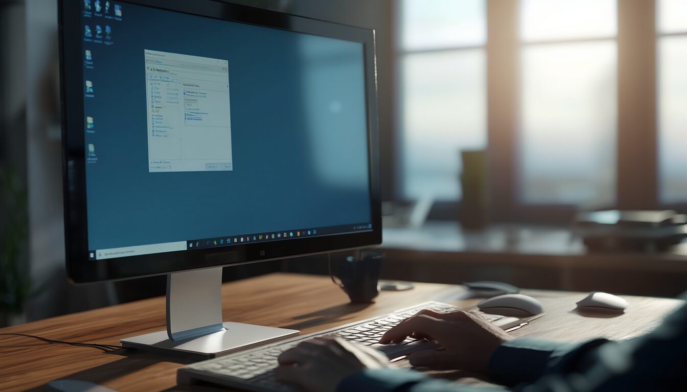 Desktop-Monitor auf einem Schreibtisch zeigt eine eingefrorene Anwendung, daneben Tastatur und Maus – Outlook-Absturz nach einem Update.