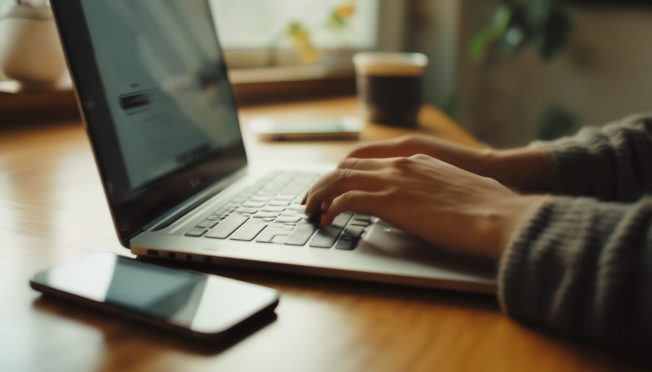 Hände tippen an einem Laptop ein Passwort ein, daneben ein Smartphone mit Anmeldebildschirm