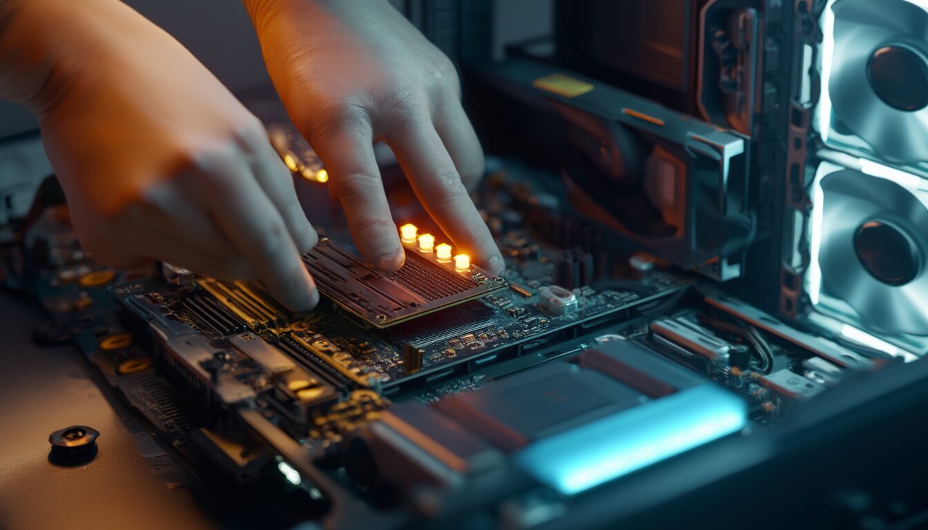 Hände setzen einen RAM-Riegel in ein offenes PC-Mainboard mit leuchtenden Diagnose-LEDs ein