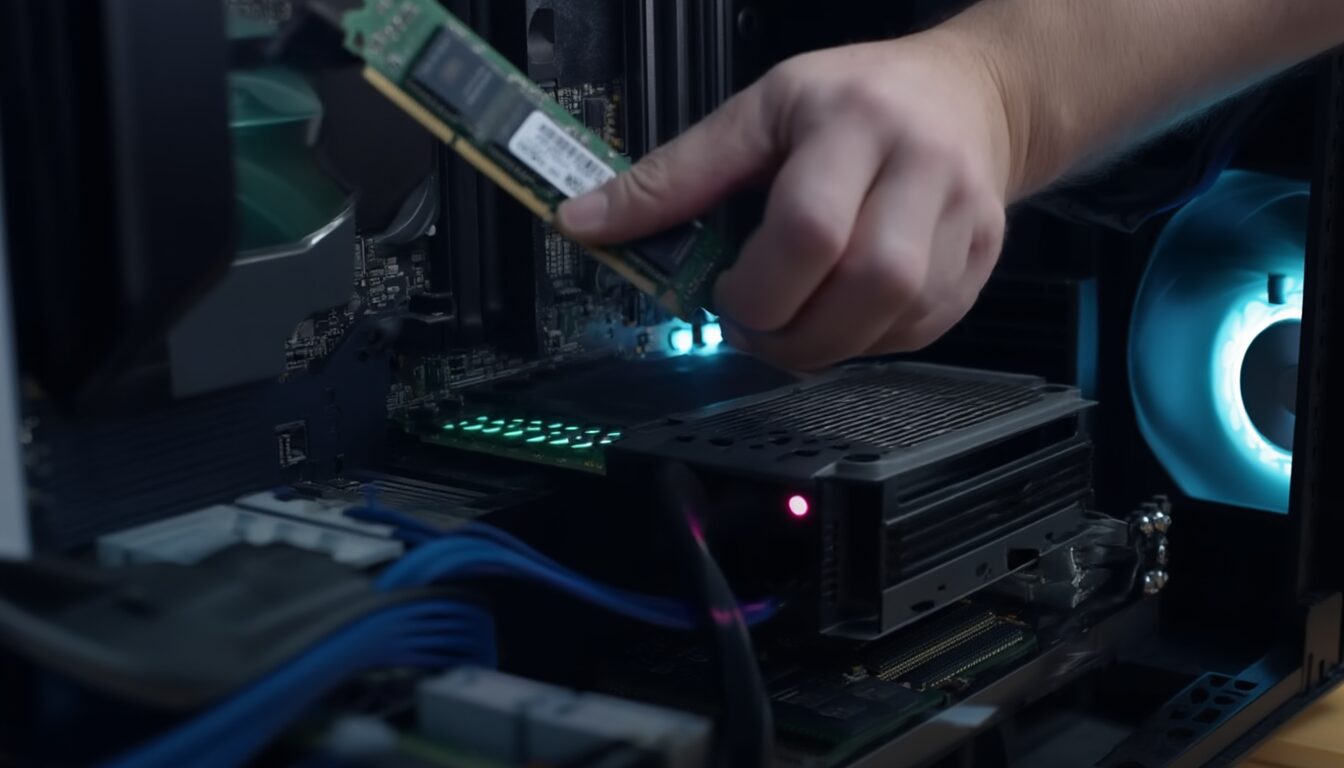 Techniker setzt ein RAM-Modul in das Mainboard eines geöffneten Desktop-PCs neu ein