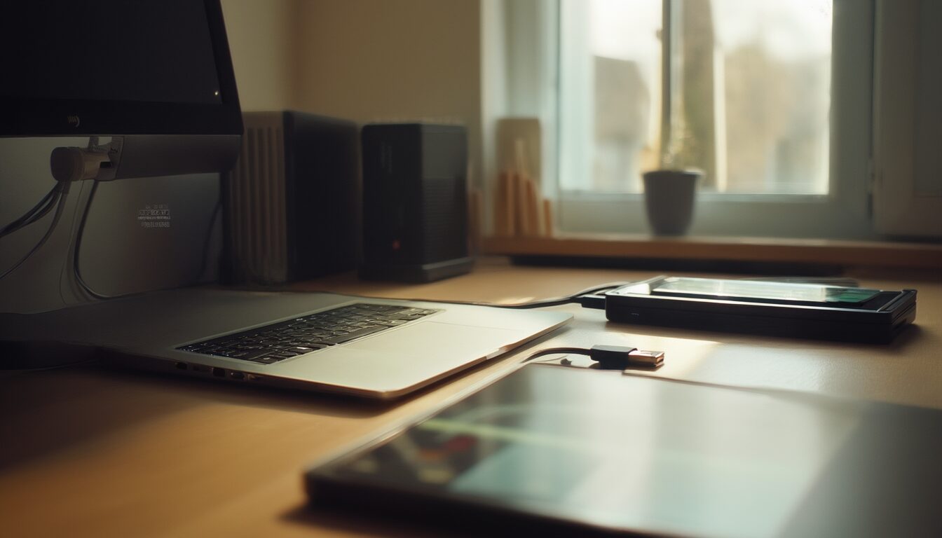 Heimarbeitsplatz mit Laptop, Smartphone für die Zwei-Faktor-Authentifizierung und externer Festplatte zur Datensicherung
