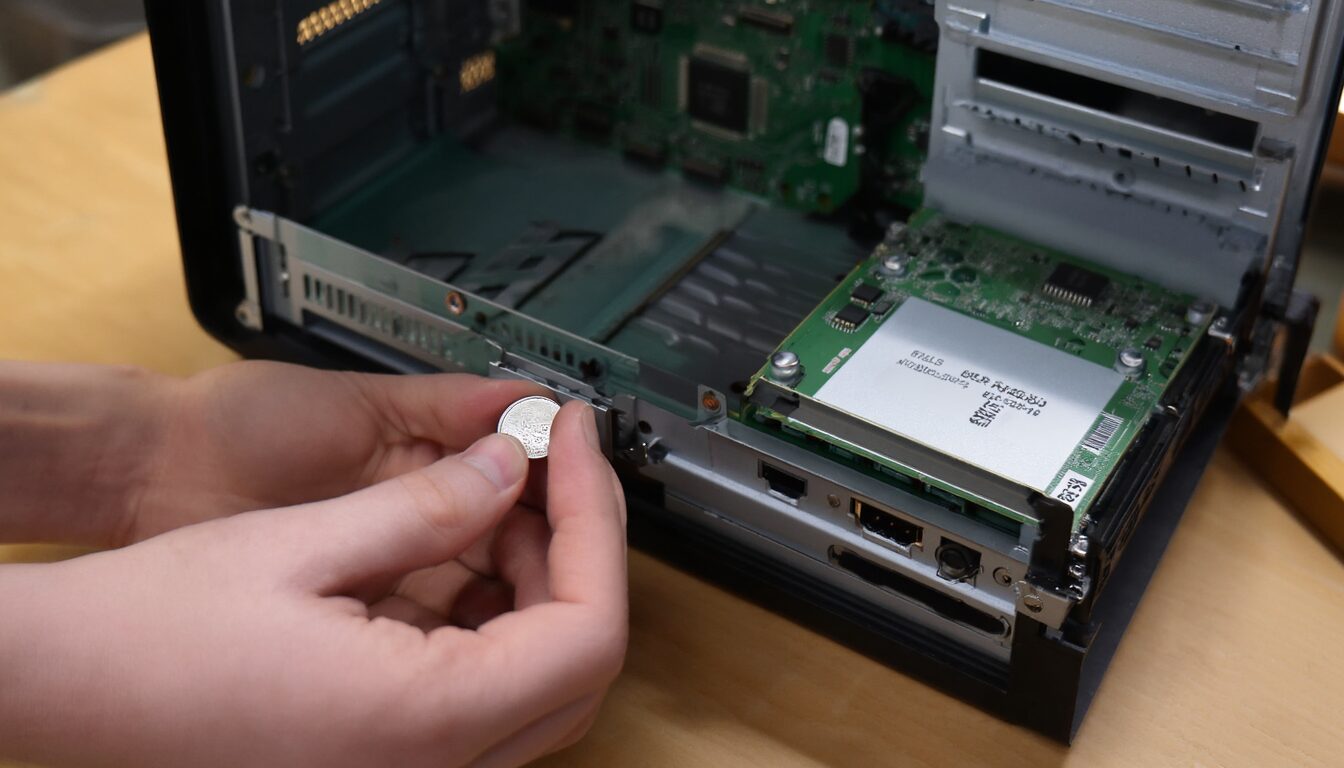 Hand entnimmt die CR2032-Knopfzelle vom Mainboard für einen CMOS-Reset nach einem fehlgeschlagenen BIOS-Update