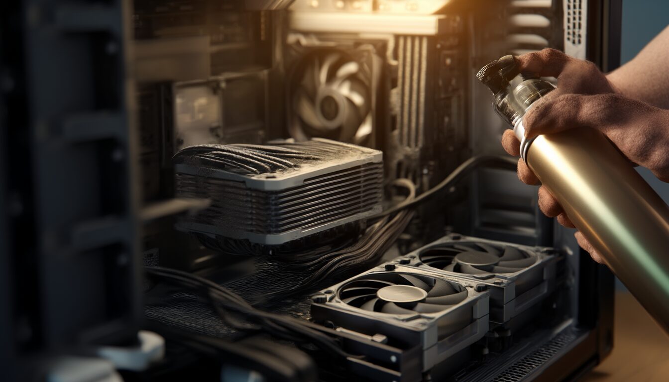 Geöffnetes PC-Gehäuse mit verstaubtem CPU-Kühler, der mit Druckluft gereinigt wird