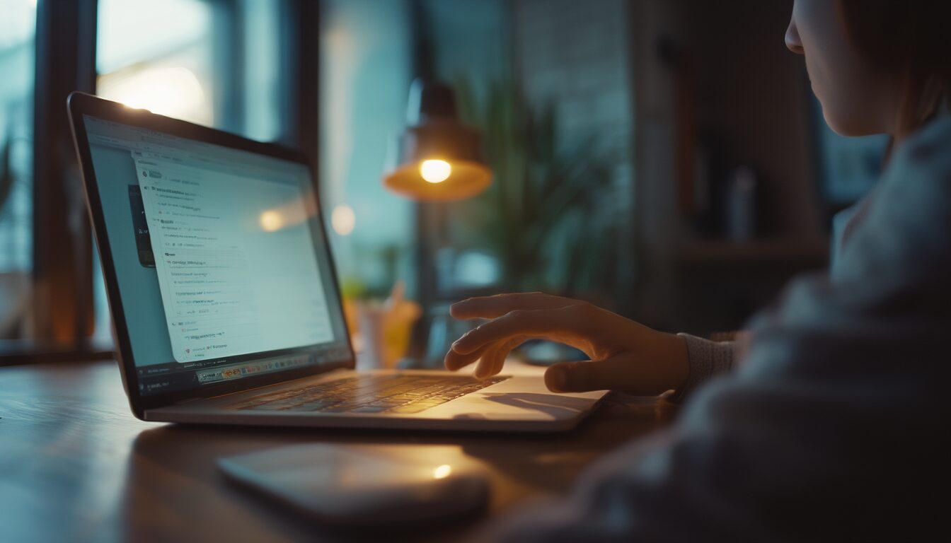 Person am Laptop prüft skeptisch eine verdächtige E-Mail im Posteingang