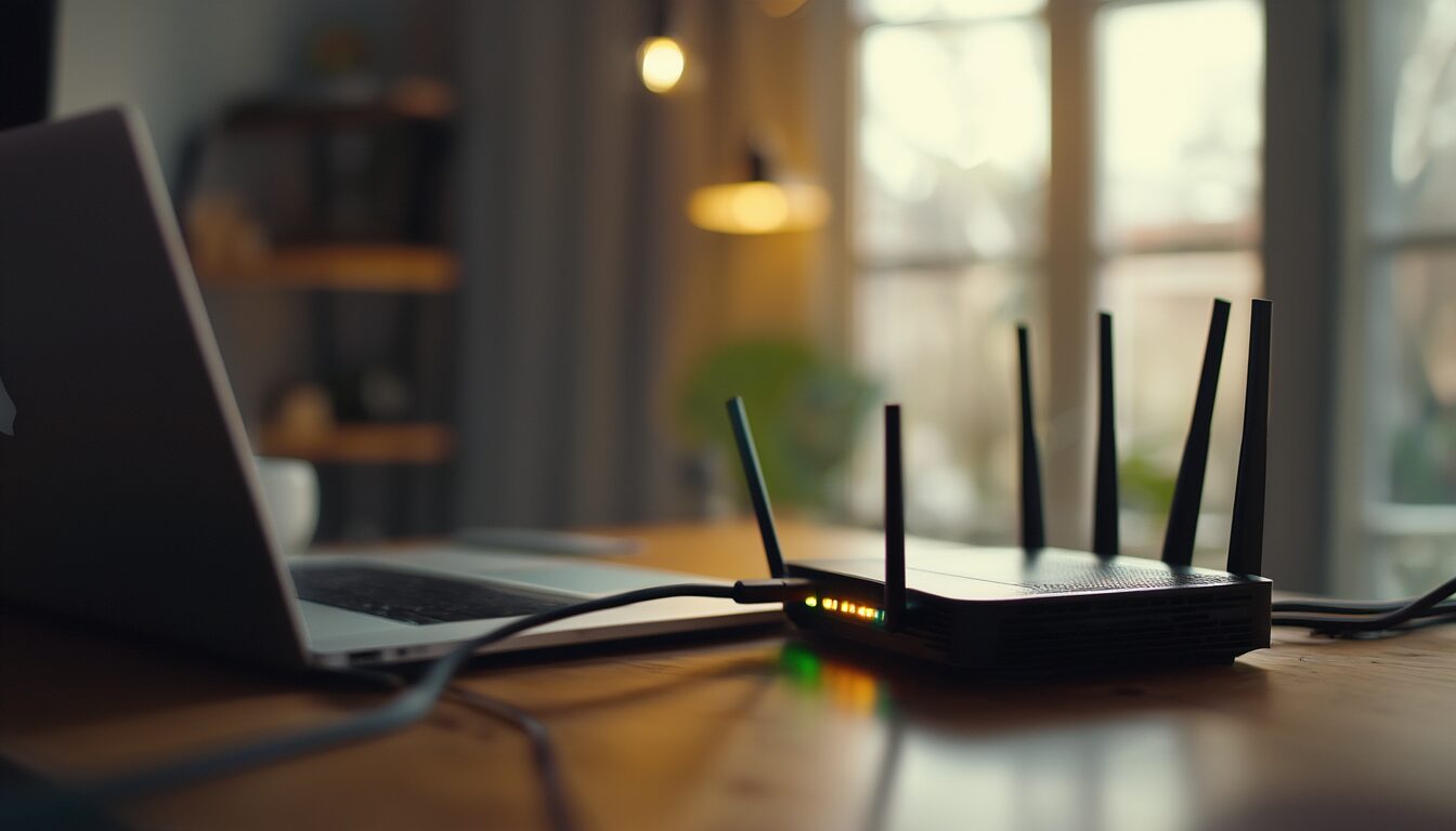 Person diagnostiziert Netzwerkprobleme am Laptop neben einem WLAN-Router mit Ethernet-Kabeln