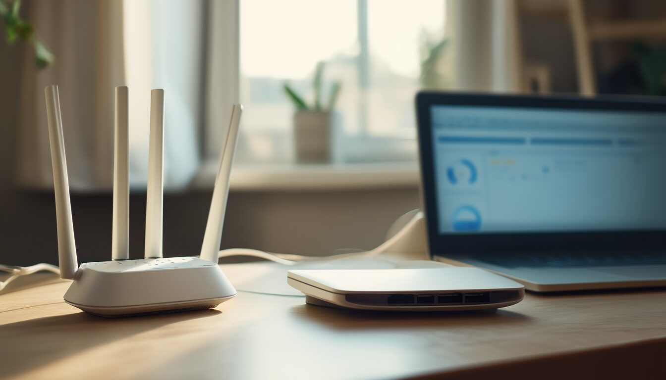 WLAN-Router auf einem Schreibtisch neben einem Laptop, an dem die Portweiterleitung eingerichtet wird