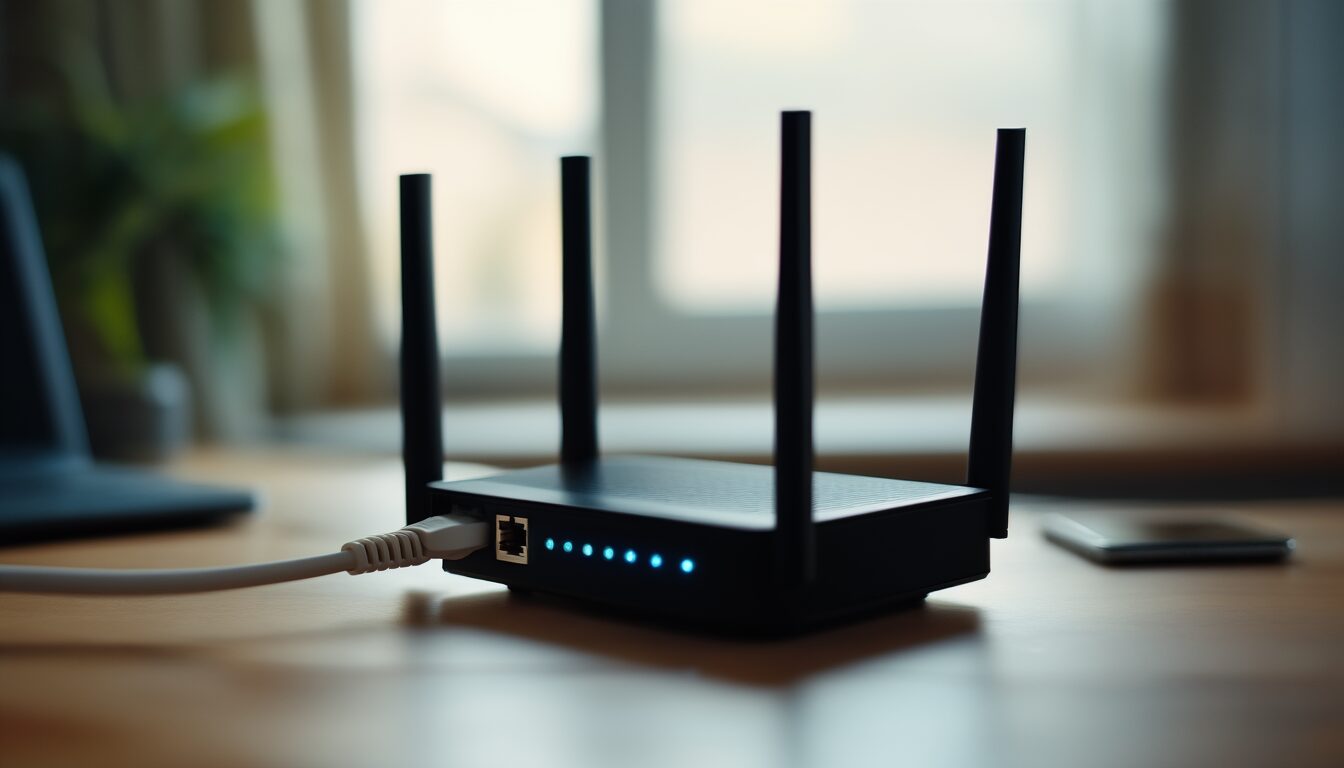 Heimrouter mit Statusleuchten und eingestecktem Netzwerkkabel auf einem Schreibtisch als Symbol fuer private und oeffentliche IP-Adressen