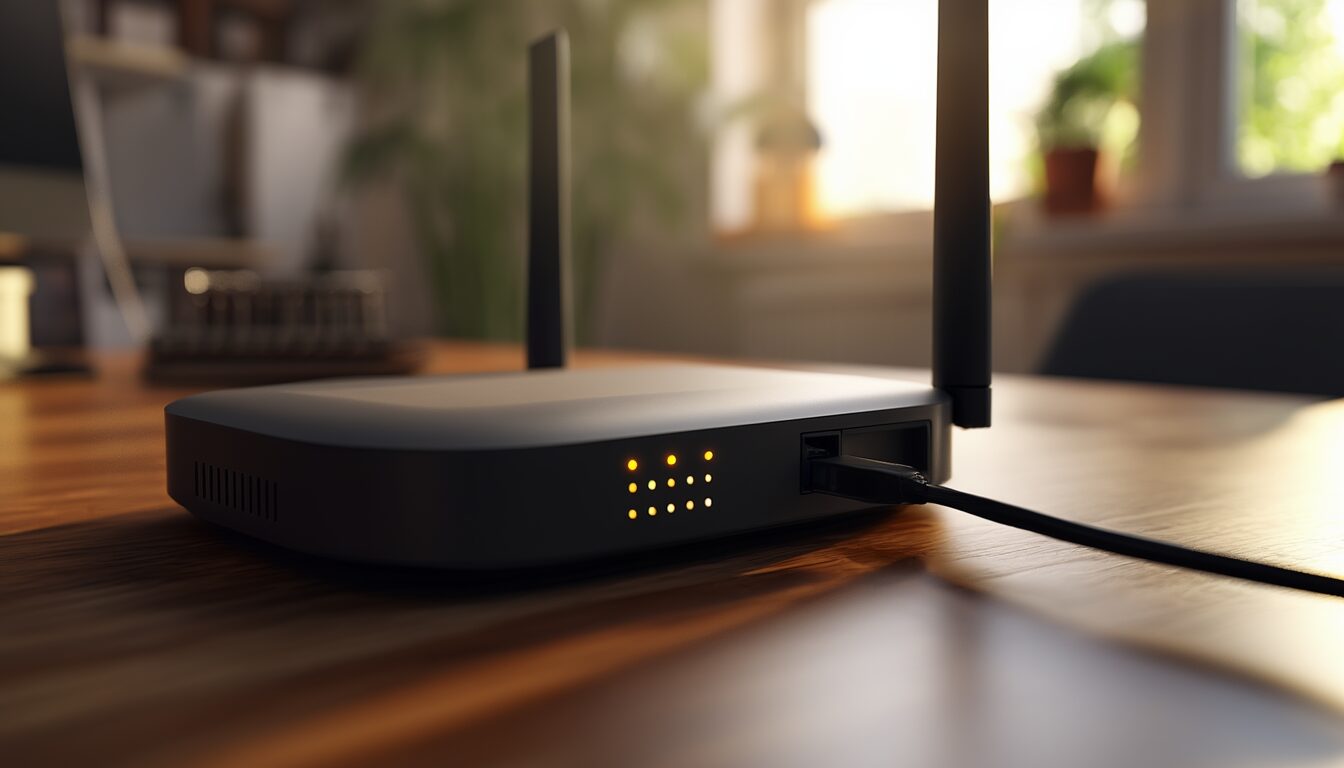 Heimnetz-Router mit leuchtenden Status-LEDs und eingestecktem Netzwerkkabel auf einem Schreibtisch