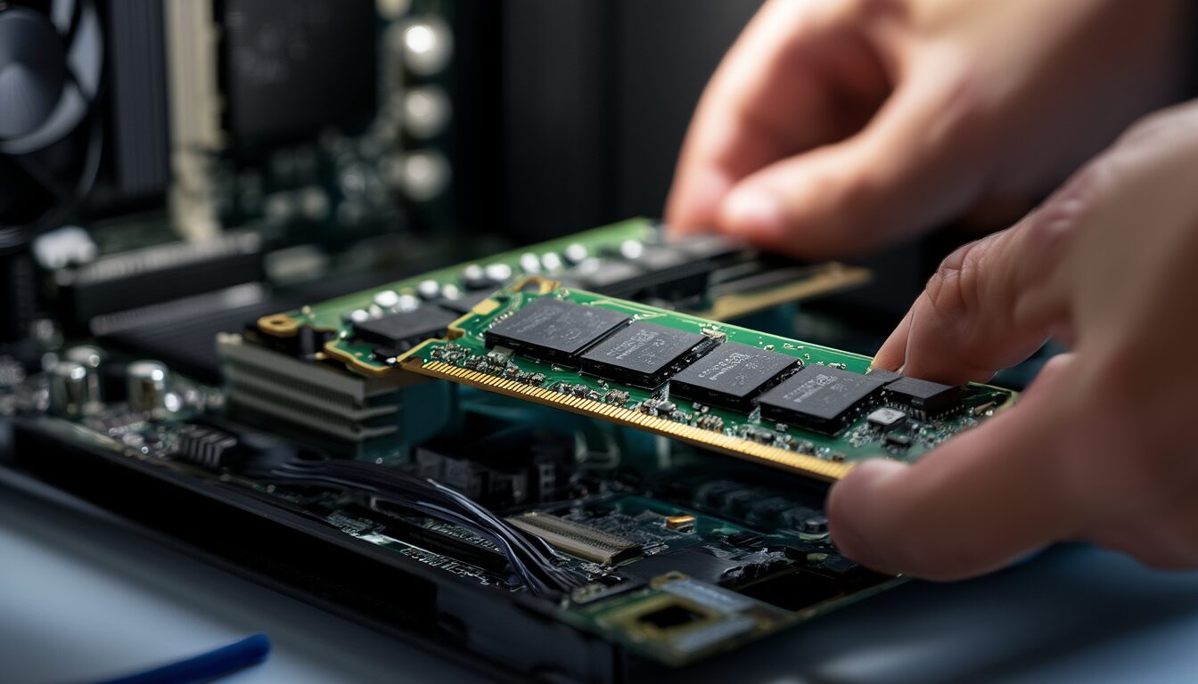 Hände setzen ein RAM-Modul in den Steckplatz eines Mainboards ein