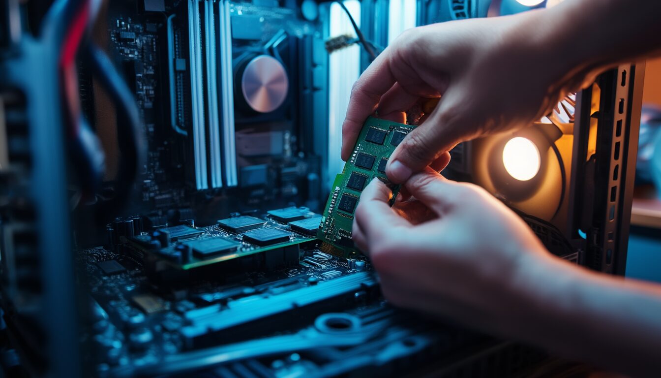 Hände setzen einen RAM-Riegel in den Speichersteckplatz eines geöffneten Desktop-PCs ein