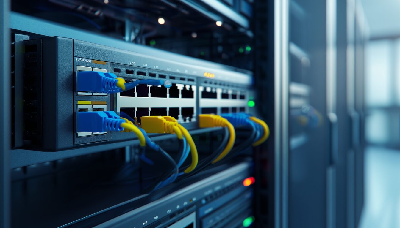 Router und Switch: Der Unterschied einfach erklärt 8 Router und Netzwerk-Switch nebeneinander im Serverschrank mit eingesteckten Ethernet-Kabeln und leuchtenden Status-LEDs