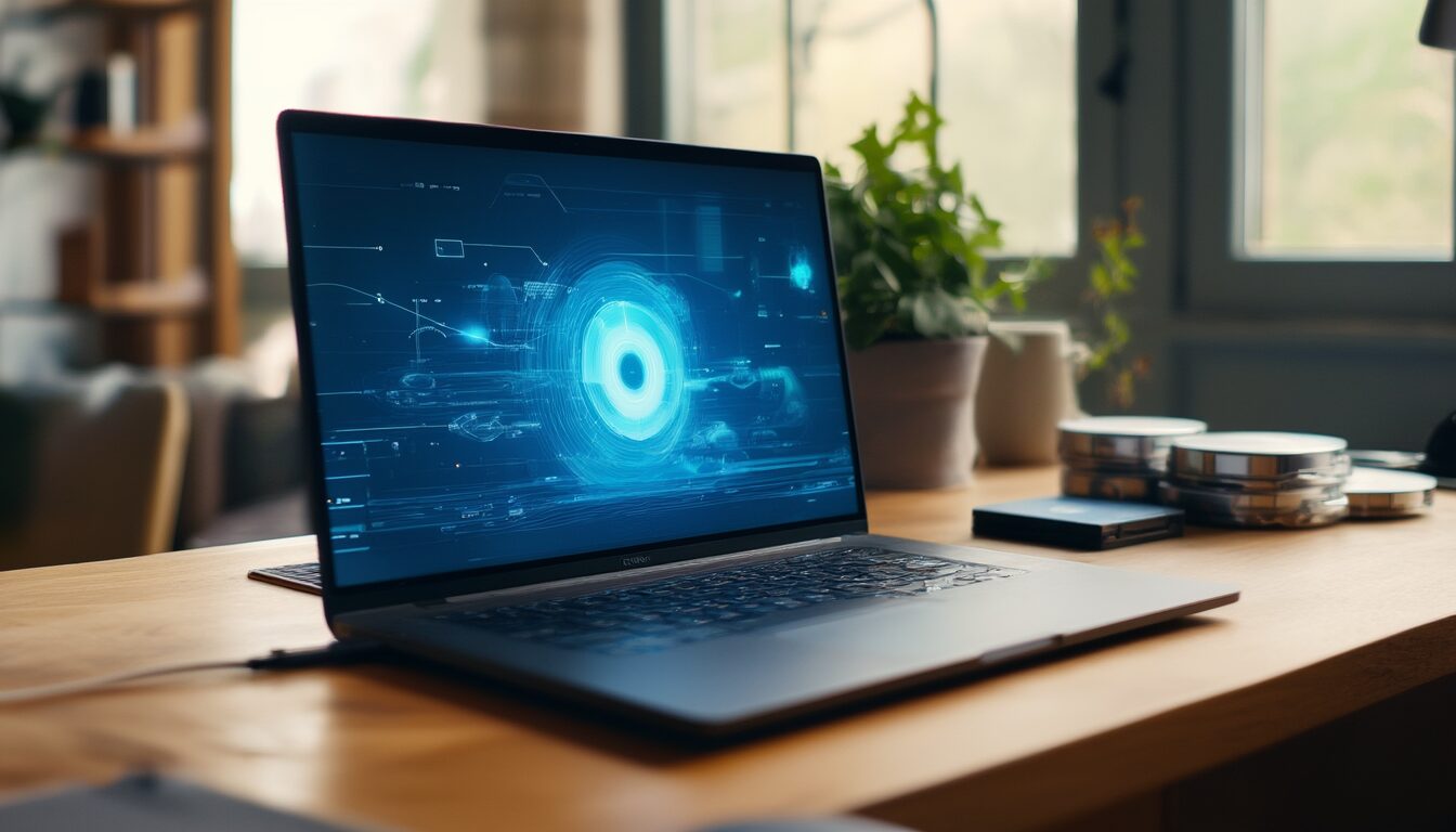 Laptop mit externer Festplatte und SSD auf dem Schreibtisch als Symbol für Schattenkopie-Speicher und Datensicherung unter Windows