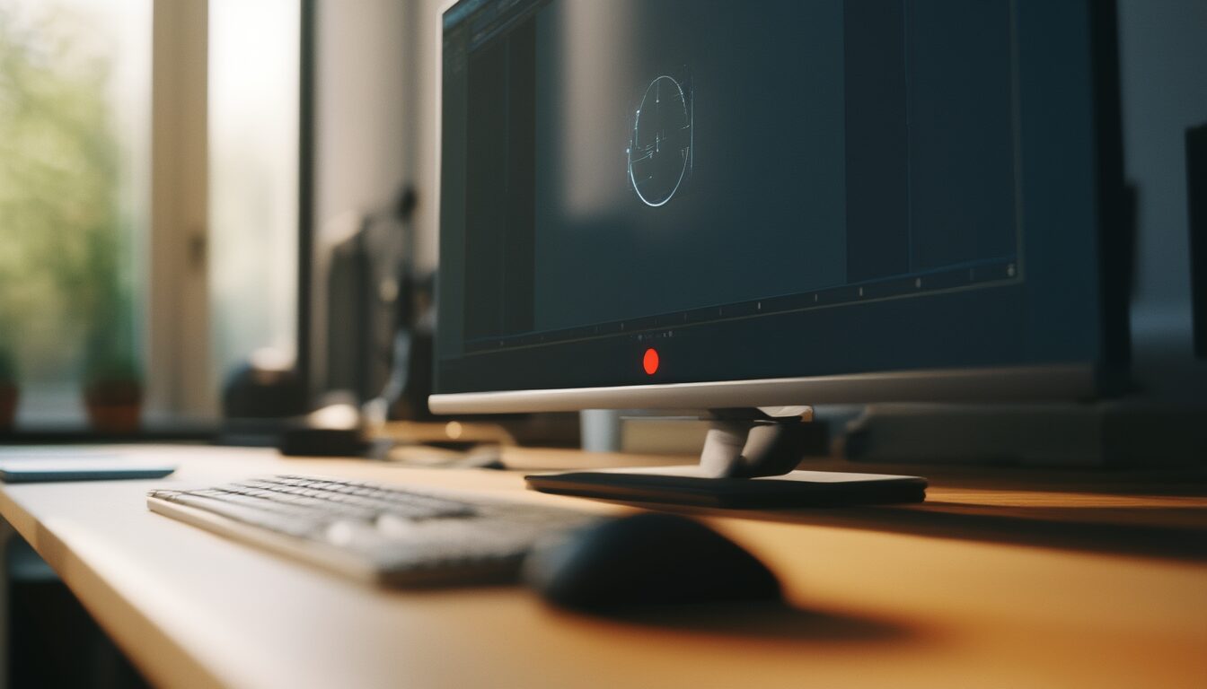 Monitor auf einem Schreibtisch während einer Bildschirmaufnahme mit Aufnahme-Anzeige