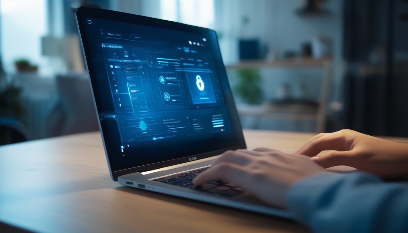 Laptop auf einem Schreibtisch mit geöffneten Windows-Sicherheitseinstellungen während der Fehlerbehebung