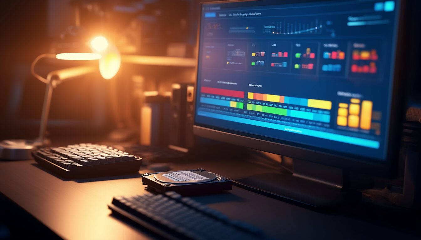 Computermonitor mit einem Laufwerks-Diagnose-Dashboard, daneben eine SSD und eine Festplatte auf dem Schreibtisch