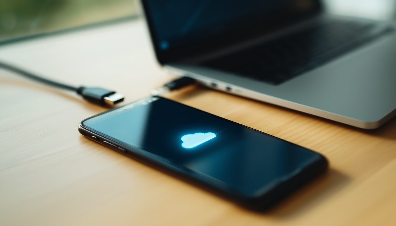 Smartphone per Kabel mit Laptop verbunden während einer Datensicherung in die Cloud
