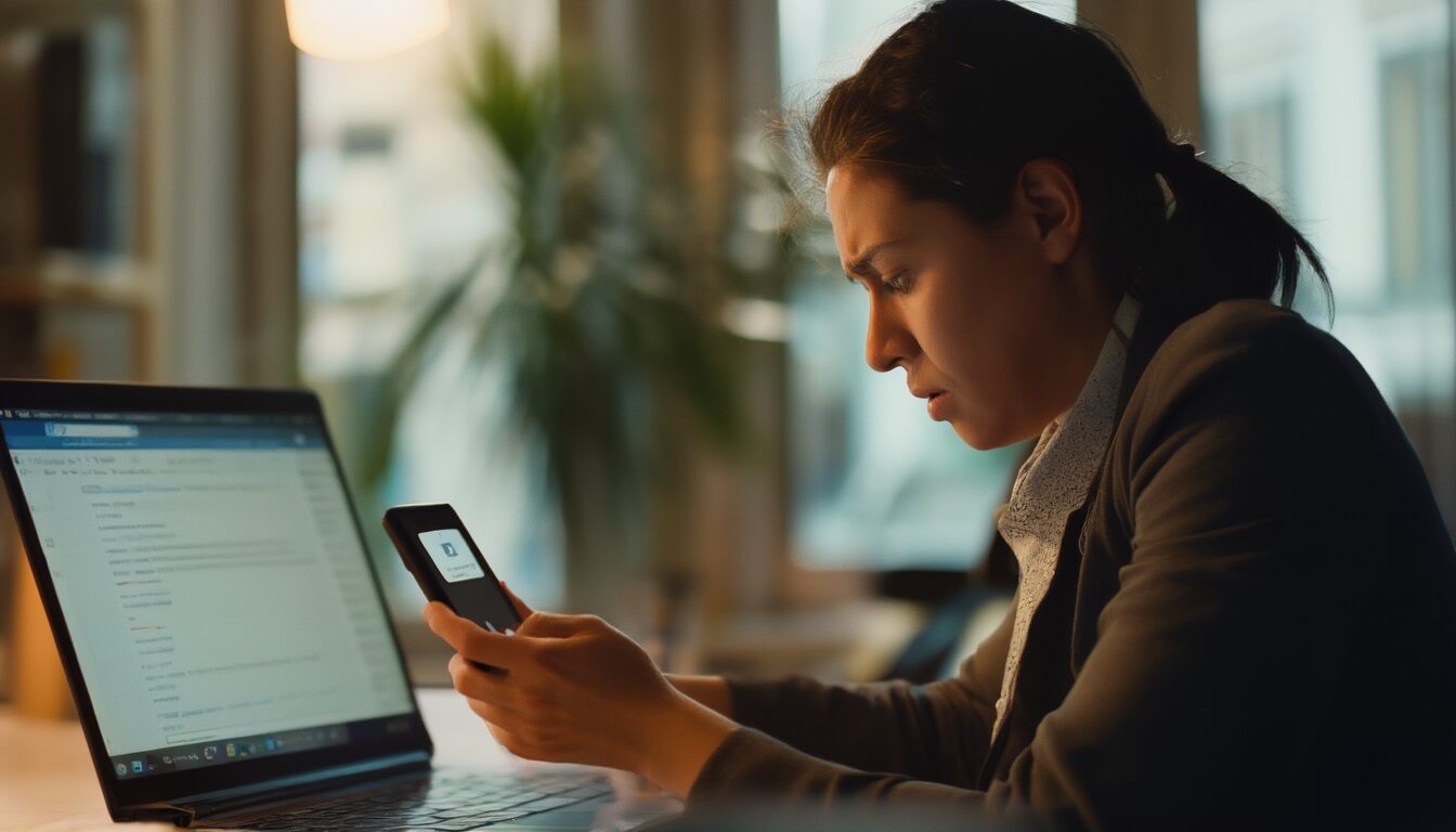 Bürobeschäftigte prüft skeptisch einen unerwarteten Anruf auf dem Smartphone neben dem Laptop