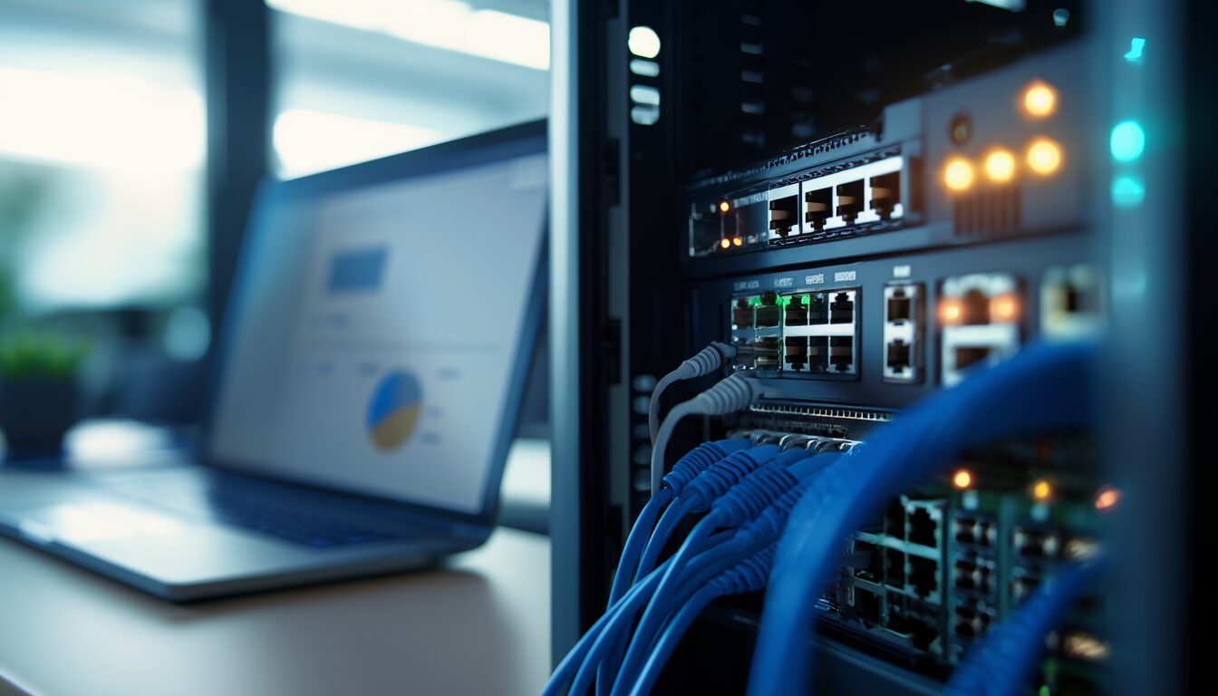 Netzwerk-Firewall im Serverschrank mit eingesteckten Netzwerkkabeln und Status-LEDs, daneben ein Laptop mit Admin-Oberfläche