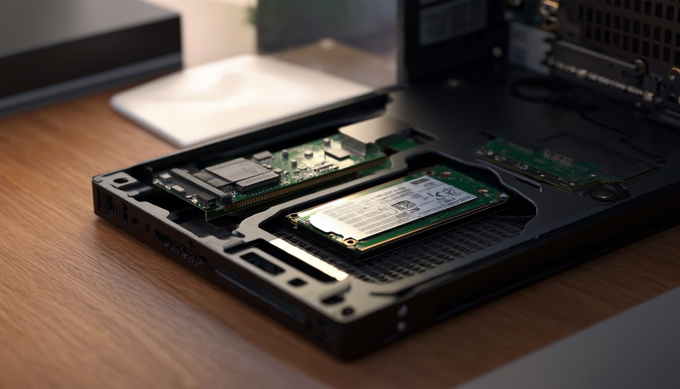 Eine kleine M.2-NVMe-SSD liegt neben einer mechanischen 3,5-Zoll-Festplatte vor einem geöffneten PC