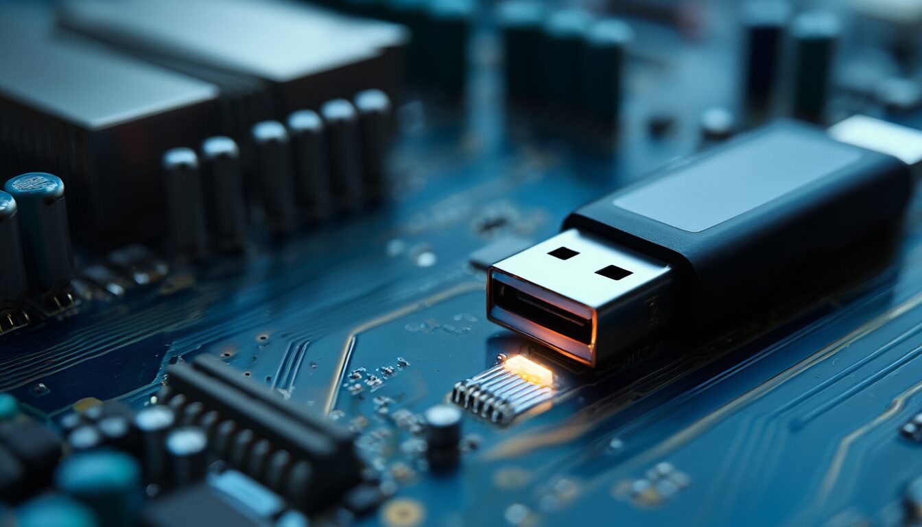 USB-Stick im BIOS-Flashback-Port eines Mainboards zur Wiederherstellung der Firmware nach Stromausfall