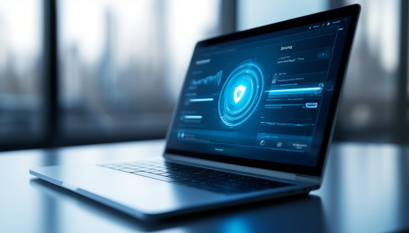 Laptop mit laufendem Sicherheits-Scan zur Prüfung des Systems auf Malware