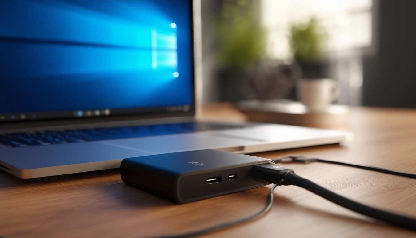 Externe USB-Festplatte am Laptop zur Erstellung eines Windows-11-Systemabbilds