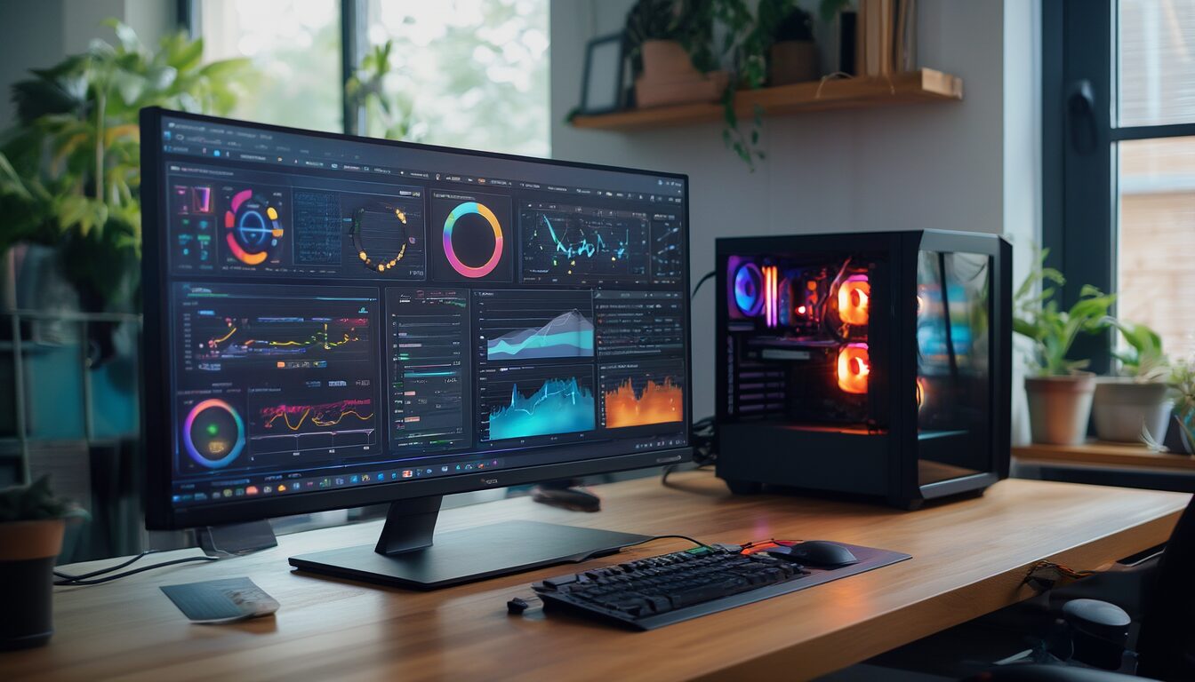 Desktop-PC mit Monitor, der Echtzeit-Diagramme zur Systemleistung und Hardware-Sensoren anzeigt