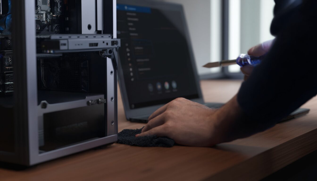 PC-Wartung am offenen Desktop-Rechner mit Werkzeug auf dem Schreibtisch