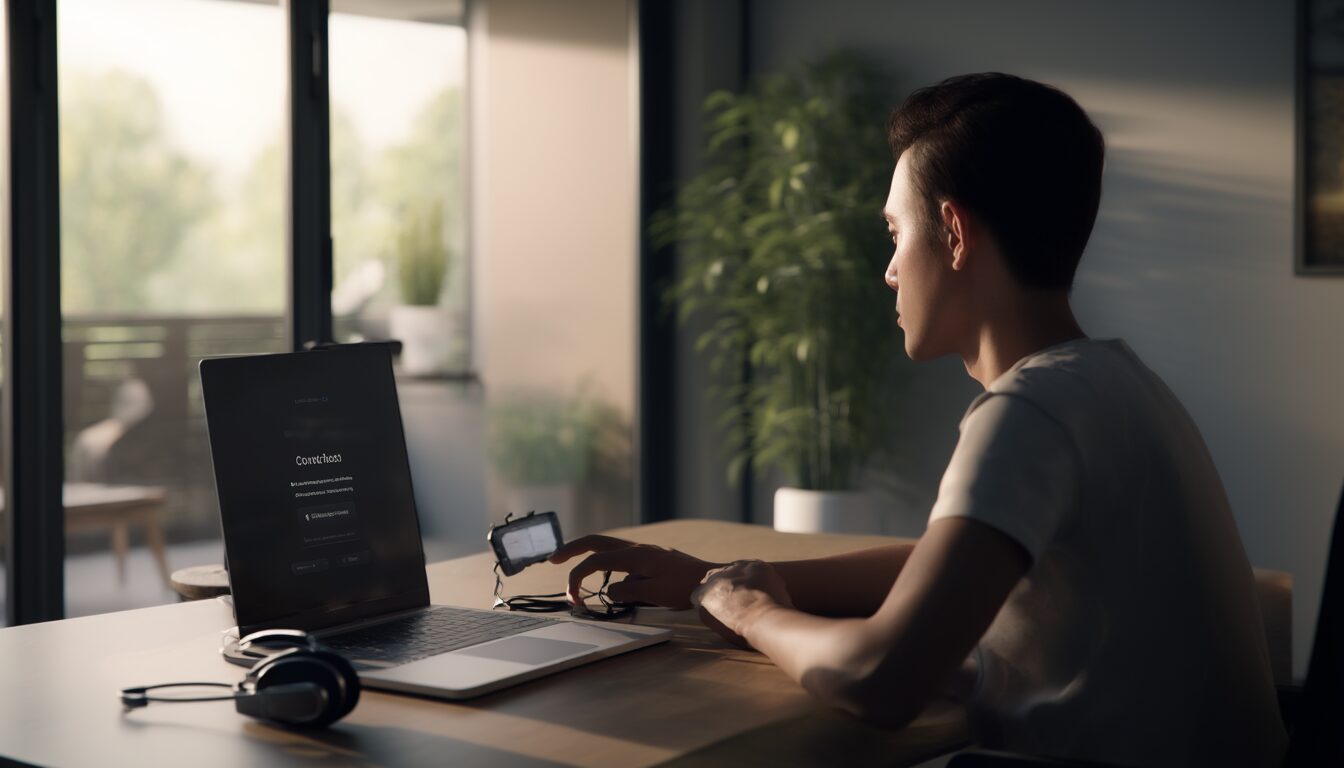 Person am Schreibtisch wartet vor dem Laptop auf den Verbindungsaufbau einer Videokonferenz
