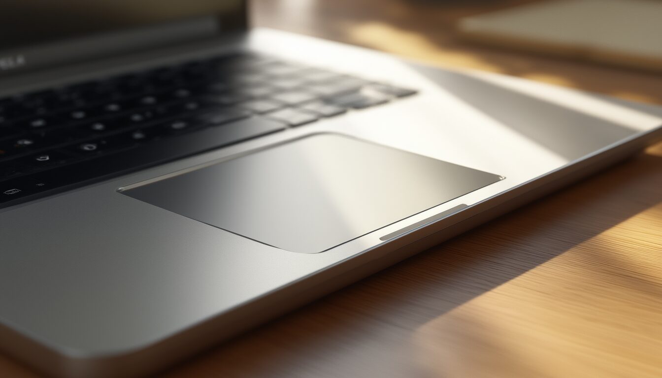 Hände bedienen das Touchpad eines modernen Laptops auf einem Schreibtisch