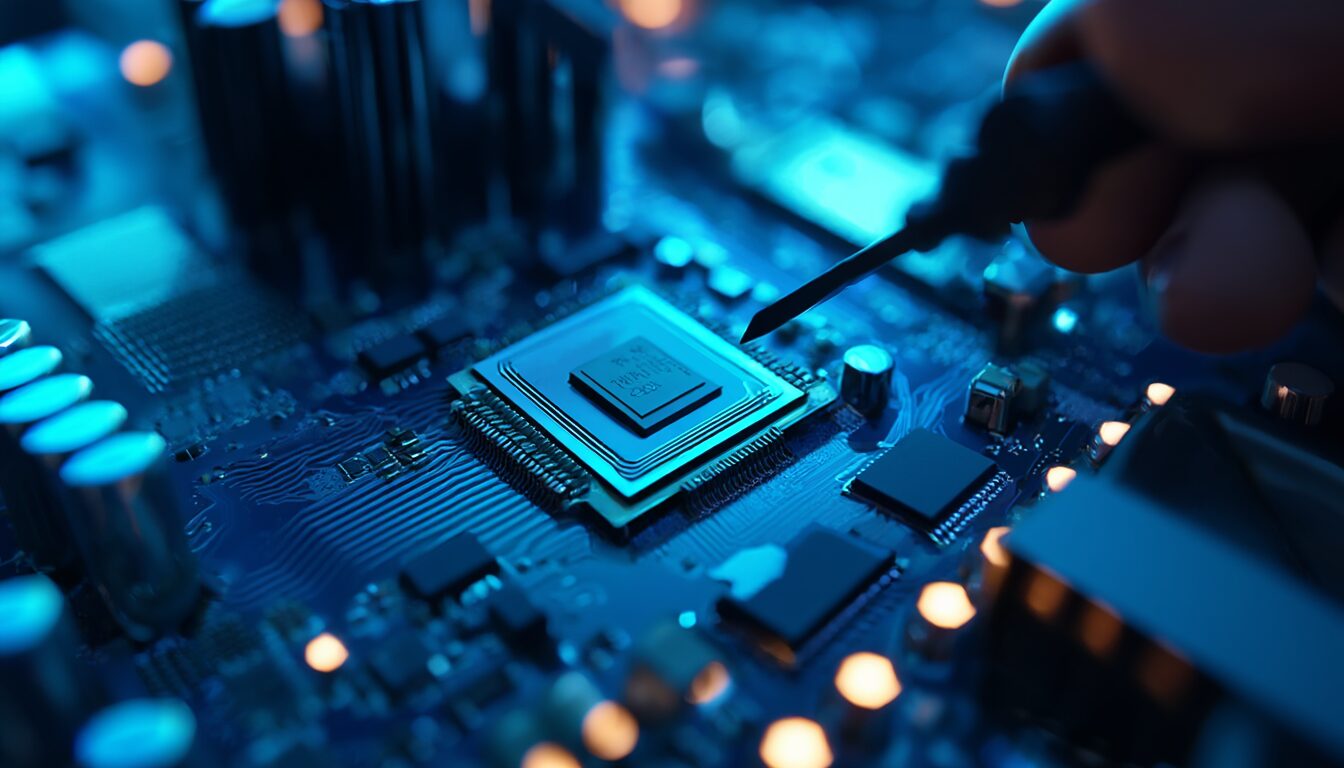 Nahaufnahme eines Mainboards mit TPM-Sicherheitsmodul während der Fehlerbehebung