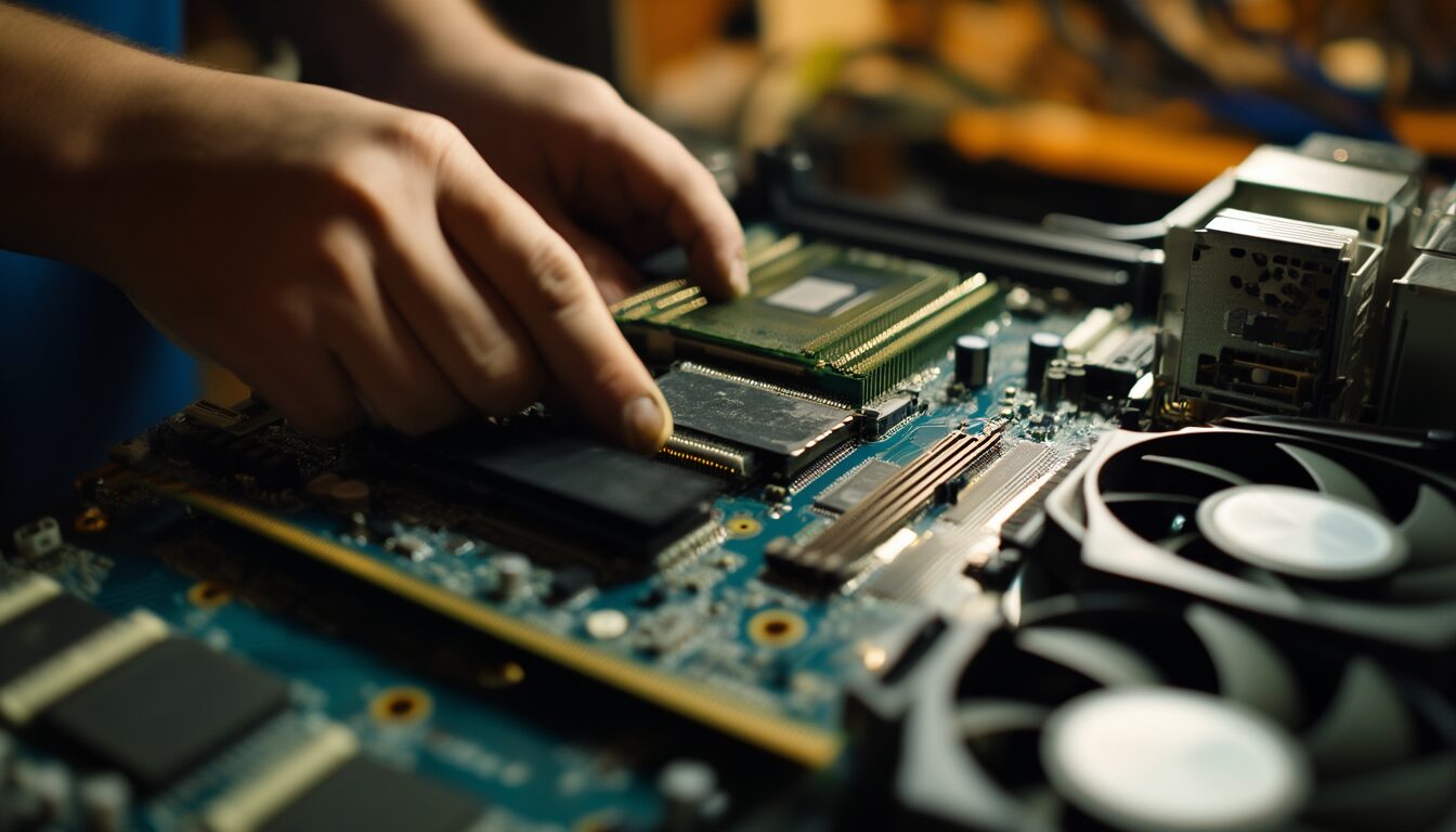 Techniker installiert eine Grafikkarte in einen geöffneten Desktop-PC als Symbolbild für die Treiberinstallation