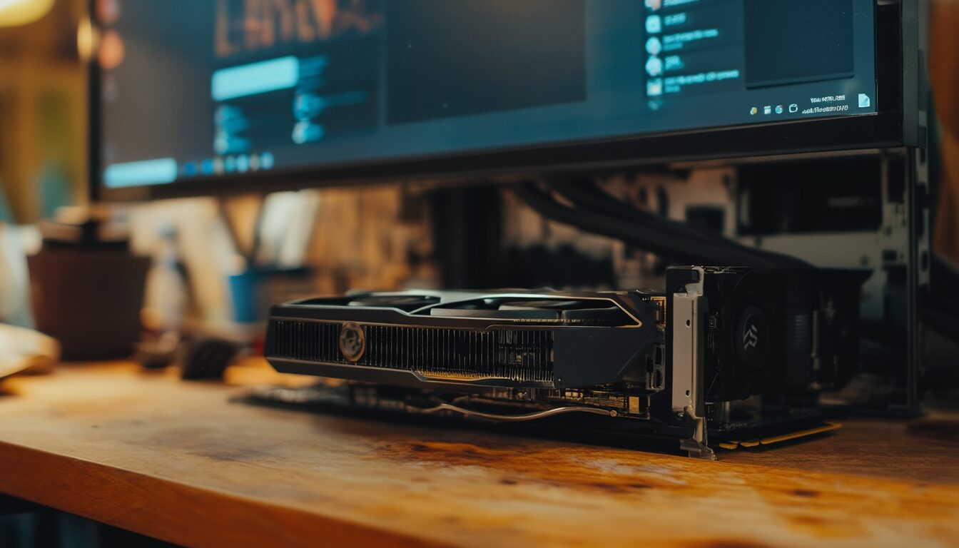 Geöffnetes PC-Gehäuse mit sichtbarer Grafikkarte neben einem Monitor mit Linux-Desktop