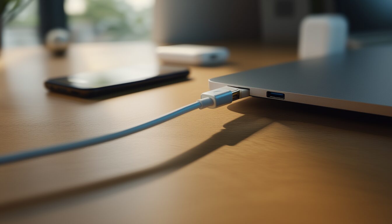 USB-C-Stecker wird in den seitlichen Anschluss eines silbernen Laptops gesteckt, daneben Smartphone und Ladegerät