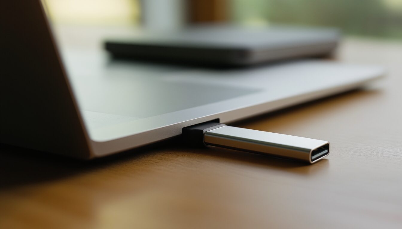 USB-Stick im Laptop-Anschluss neben einer externen Festplatte als Backup-Medium