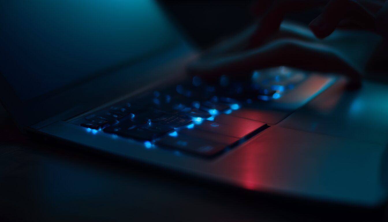 Hände tippen im Halbdunkel auf einem Laptop, Sinnbild für Schutz vor Schadsoftware wie Viren, Würmern und Trojanern