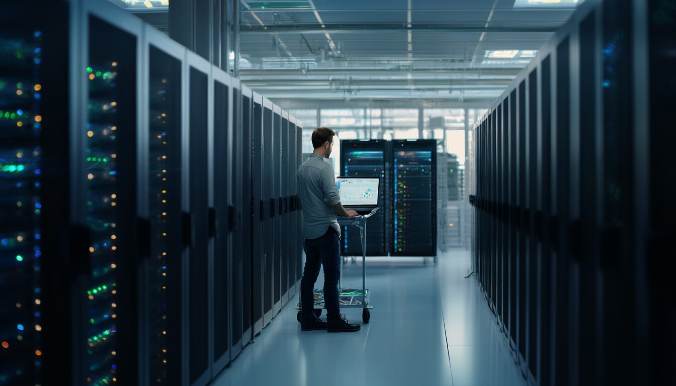 IT-Techniker prüft im Serverraum an einem Laptop neben Server-Racks die vCenter-Dienste