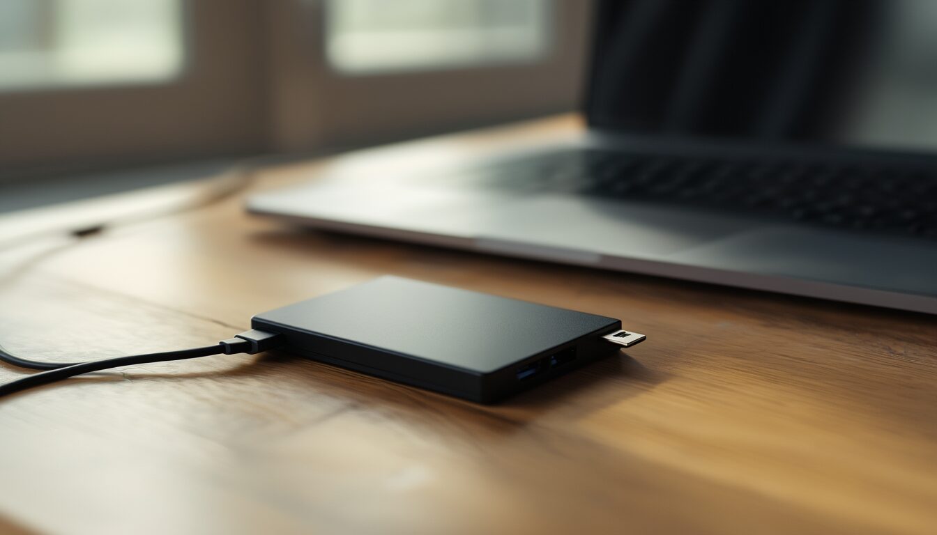 Externe SSD-Festplatte per USB-C-Kabel mit einem Laptop verbunden zur Datensicherung
